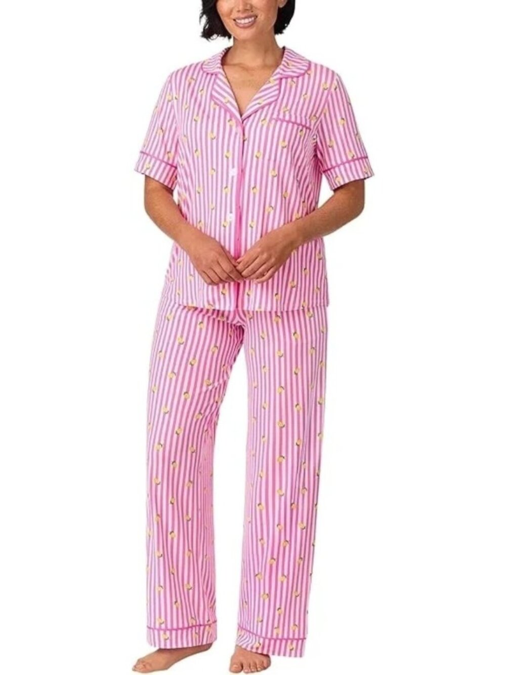 NWT Room Service Women's L  Pink Lemon Stripe 2-Piece  Pajama Set B0643